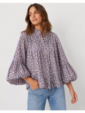 Numph Anthropologie Purple Floral Print Peasant Blouse cotton dagger collar M